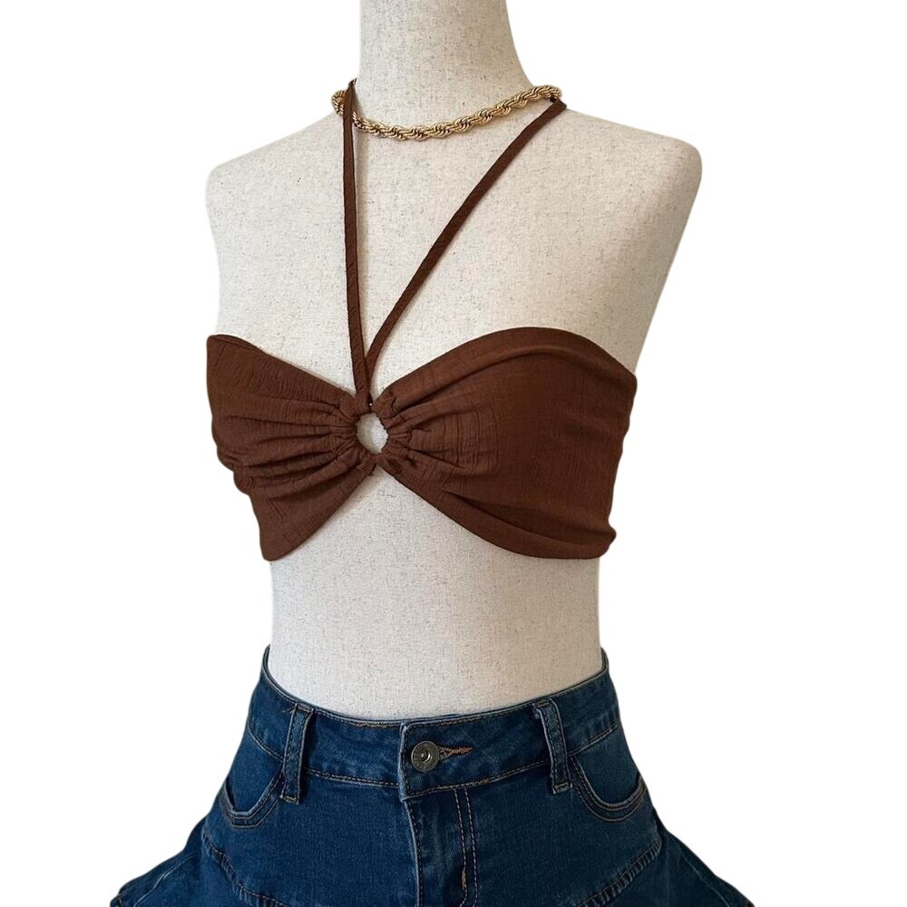 Beige Botany Brown Halter Tube Top O-Ring Smocked Back Textured Crop S